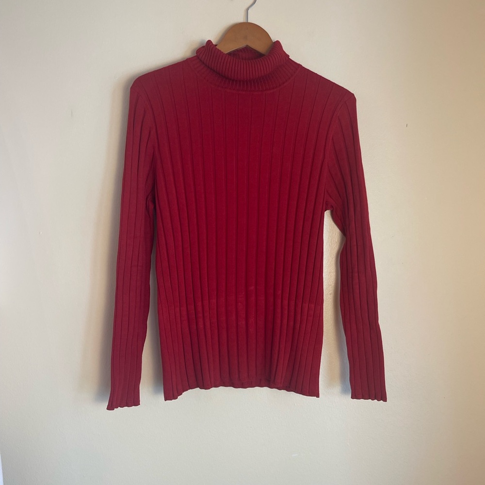 Red Silk Blend Ribbed Turtleneck Sweater XL Stretch Knit Minimalist Luxury Chic - Picture 3 of 14